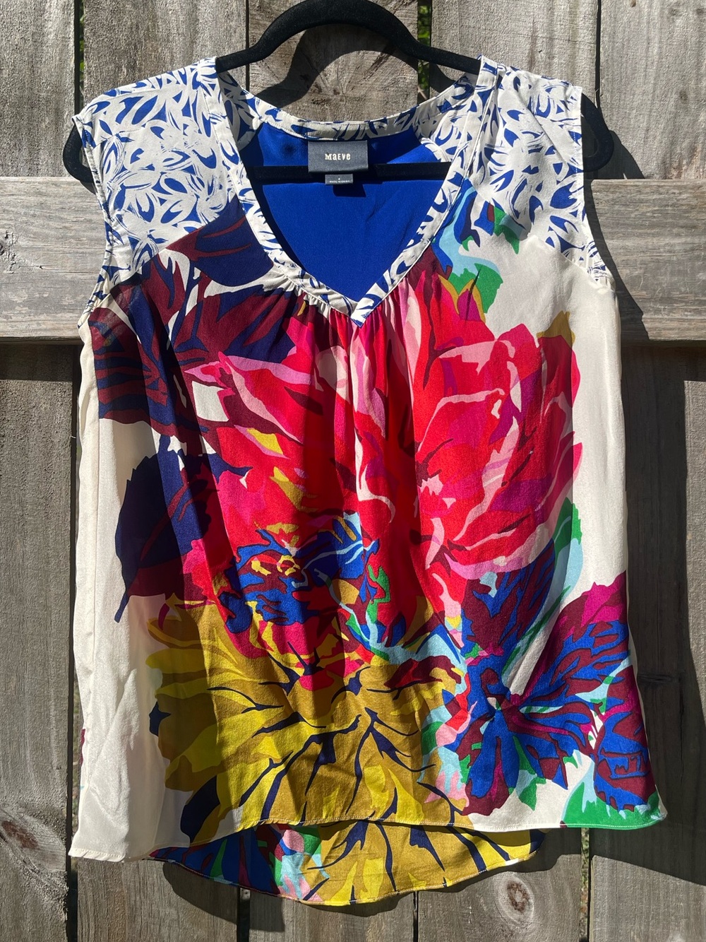 Maeve Vibrant Silk Floral Sleeveless V-Neck Top - Blue, Pink, Yellow, Green Sz 4